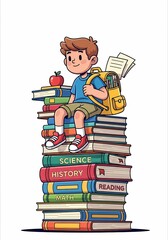 本の山で少年が微笑む