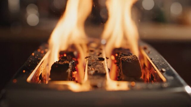 Bright flames ignite dark coal with flying sparks in a close up dynamic shot perfect for barbecue and cooking themes