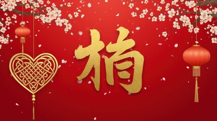 Traditional chinese new year celebration with heart and lanterns in red background