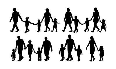 Obraz premium Black silhouettes of diverse families with parents and children walking together in pairs