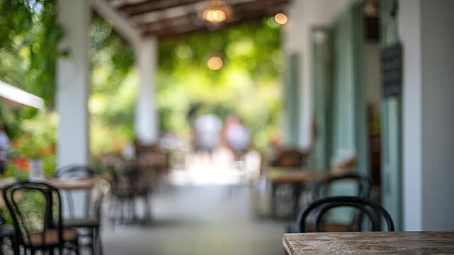 Blurred outdoor cafe patio with empty tables and chairs creating a serene