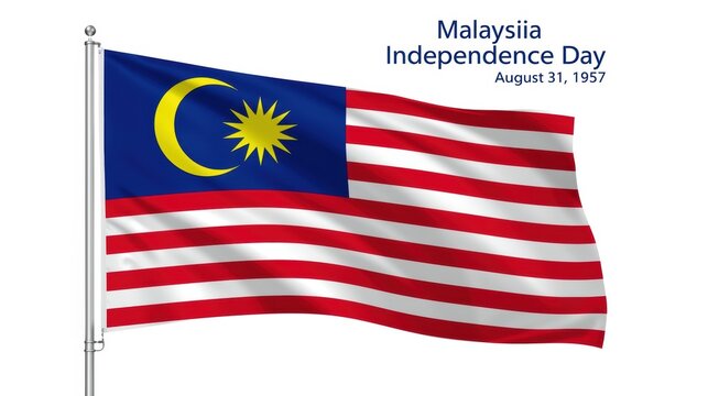 Malaysian flag waving on independence day with crescent moon and sun emblem