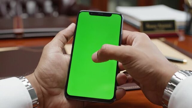 Close-up of hands holding a modern smartphone with a green screen display in an office setting.