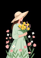 美しい女性と花の束