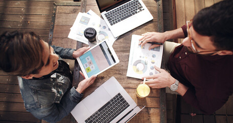 Planning, meeting and business people in cafe with tablet screen, remote work and brand analysis....