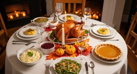 Fototapeta premium A beautifully set Thanksgiving table with a roasted turkey, mashed potatoes, green beans, and pumpkin pie, surrounded by autumn leaves and candles, with a cozy fireplace in the background.