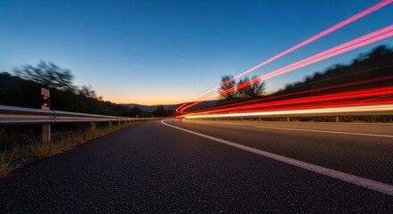 A winding road at dusk with blurred car lights creating a colorful trail.