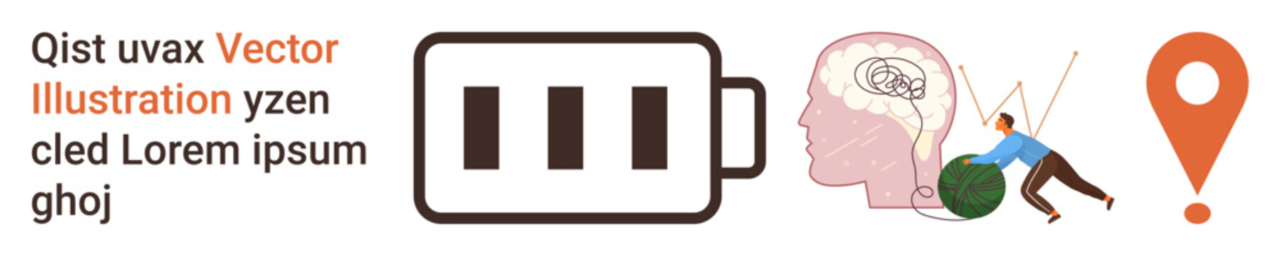 Energy management, mental health, global responsibility, environmental awareness, navigation, productivity. Battery icon, brain person carrying Earth location marker. Energy management and mental