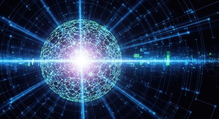 Fototapeta premium A glowing, abstract sphere with a blue and white pattern, emitting light and energy, set against a black background with a grid of lines and dots.