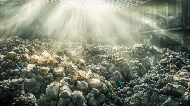 Vast Piles of Unsold Goods in a Warehouse, Illustrating Overproduction and Consumerism