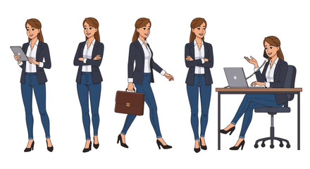 Fototapeta premium A collection of vector illustrations showing a businesswoman in various poses and activities, including working with a tablet, walking with a briefcase, and using a laptop and phone at a desk.