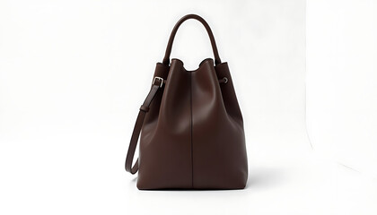 Naklejka premium A professional studio photograph of a minimalist dark chocolate brown leather bucket bag against a crisp white background. The leather has a soft matte finish.