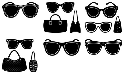 Fashion accessories including sunglasses and handbags displayed in a grid pattern