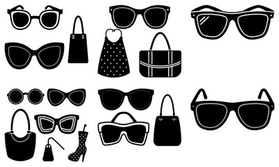 Fashion accessories including sunglasses, bags, and hats displayed in a grid layout on a white background from a direct viewpoint
