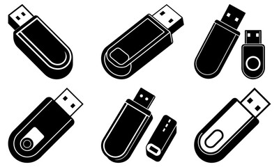 Collection of various USB flash drives illustrated in black and white from different viewpoints