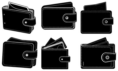 Collection of black leather wallets in various open and closed positions on a white background, depicted in a graphic illustration style from a straightforward viewpoint.