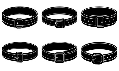 Collection of black leather belts with buckles displayed in two rows on a white background