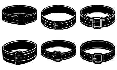 Collection of black leather belts with buckles and studs on white background illustrated in various styles and viewpoints