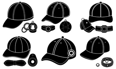Collection of baseball caps and accessories illustrated from various viewpoints showcasing different designs and styles