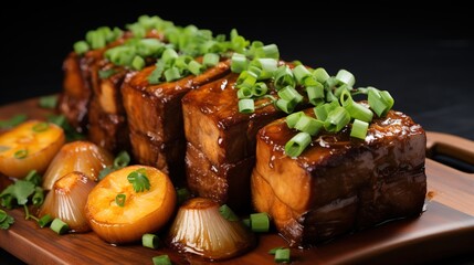 Glazed Meat Skewers with Green Onions and Roasted Vegetables