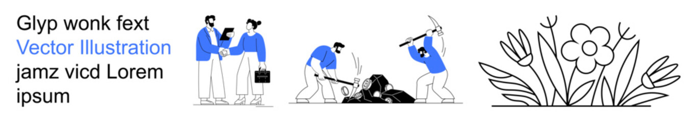 Teamwork, gardening, construction, floral decor, community work, landscape design. Group of workers in action and floral elements. Teamwork and gardening in clean graphic style