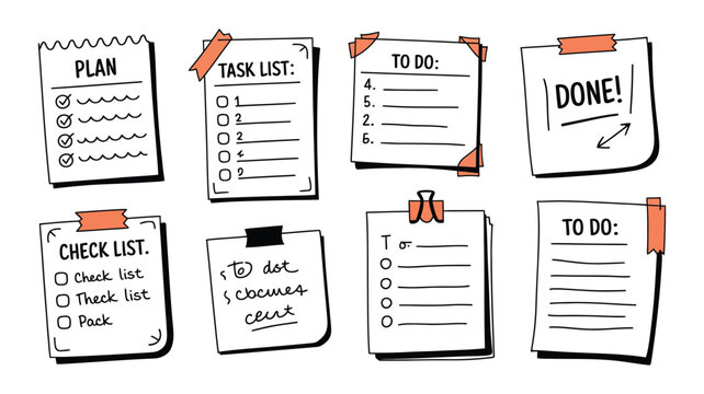 Doodle checklist vector set, hand drawn to do task list with check marks and memo page elements in sketch style, productivity planner reminder icons isolated illustration for business, office, and org