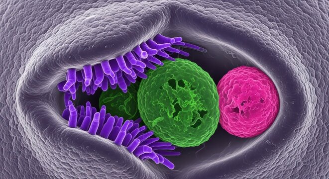 Caprine Rumen Protozoa Architecture Captured Via Ion-Abrasion Scanning Electron Micrograph For Academic Biotechnical Analysis