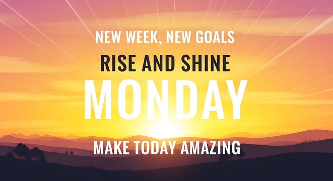 A bright sunrise over a mountain landscape with text encouraging a positive start to a new week