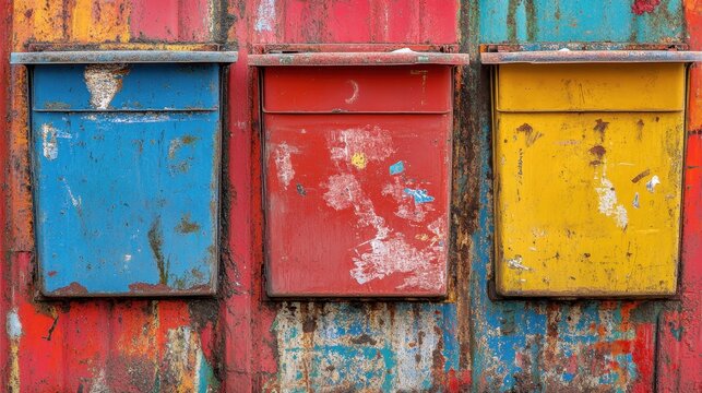 Vibrant, weathered industrial mailboxes in red, blue, and yellow showing signs of rust and wear.