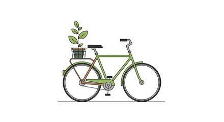 Obraz premium A stylized light green bicycle with a potted plant on its rear rack is depicted in profile on a thin gray line against a white background, Generative AI.