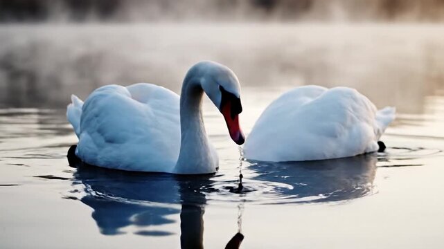 Two white swans forming heart shape with necks on misty water during peaceful morning