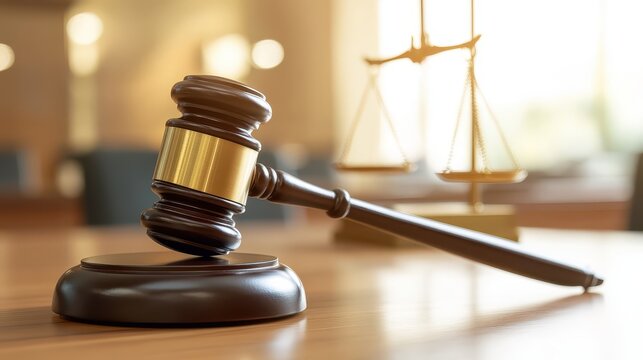 Wooden gavel and justice scales in a bright daylight courtroom setting representing legal proceedings and fair judgment.