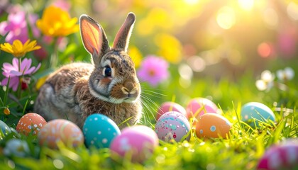 A cute Easter bunny sits on the spring grass with a basket of eggs and flowers