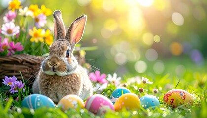 A cute Easter bunny sits on the spring grass with a basket of eggs and flowers