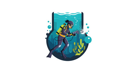Fototapeta premium A cartoon scuba diver in full gear is actively performing underwater welding surrounded by aquatic plants and bubbles within a decorative shield frame, Generative AI.