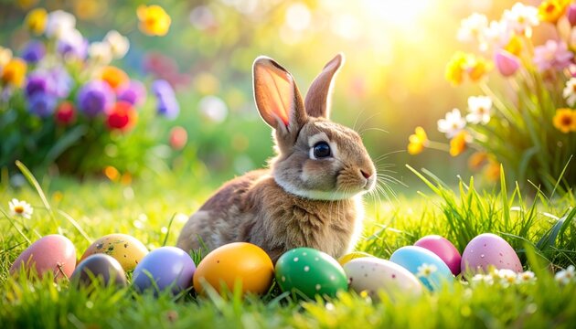 A cute Easter bunny sits on the spring grass with a basket of eggs and flowers