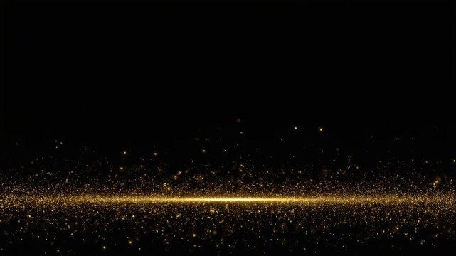 Abstract horizontal golden light line with sparkling particles on dark background creating elegant luxury glowing energy horizon effect