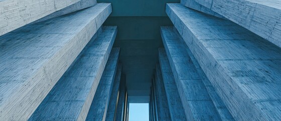 Obraz premium Ancient concrete pillars rising toward a dark ceiling with deep navy tones and teal accents, ideal for architectural advertising, construction backgrounds or conceptual design