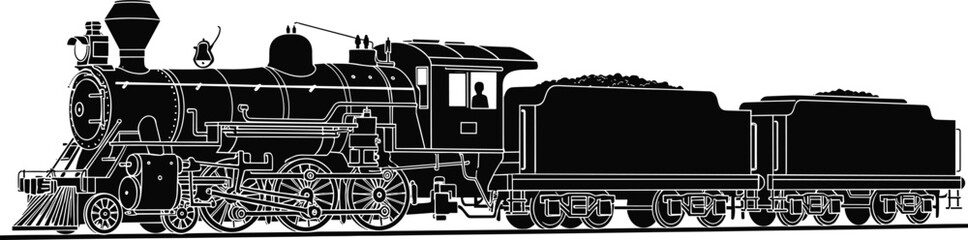 Vintage steam locomotive silhouette with coal tender wagons, classic railway transport vector illustration isolated on white background © Mst