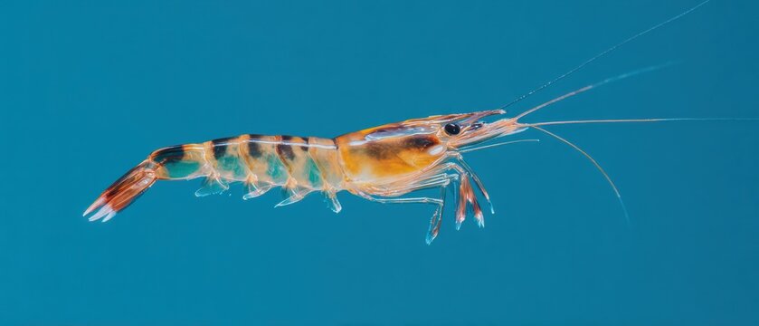Single live shrimp swimming in clear blue ocean water for marine life education and nature banners, translucent tiger prawn with copy space for aquatic advertising