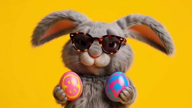 An adorable grey rabbit wearing tortoiseshell glasses holds two vibrantly patterned Easter eggs against a solid yellow backdrop in this festive close-up.