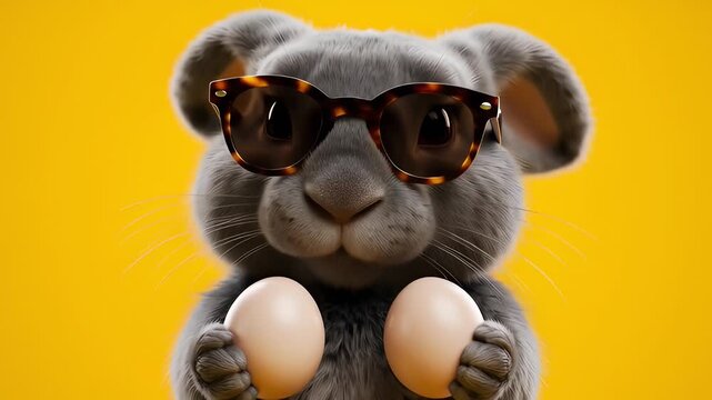 A stylish grey bunny sports tortoise shell sunglasses while holding two eggs against a vibrant yellow background, creating a fun and modern twist on Easter celebrations.