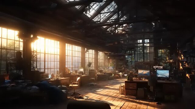 Dilapidated Workspace: A Vision of Creative Productivity in a Sunlit, Decayed Interior Environment Setting