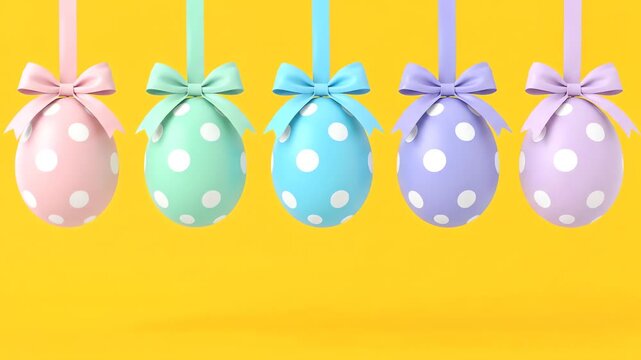 Five colorful pastel Easter eggs with white polka dots hang by matching ribbons and bows against a vibrant yellow background, creating a cheerful spring aesthetic.