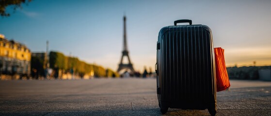Travel suitcase standing in city square with famous iron tower landmark for vacation concept and tourism advertising in sunset golden hour lighting with copy space