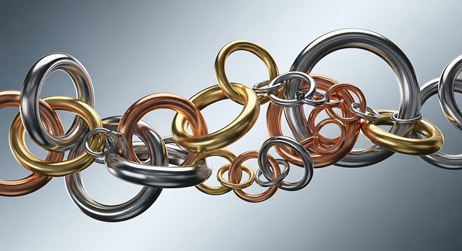Interconnected metallic rings in various colors linked together in a chain formation against a gradient background jph (517).jpg
