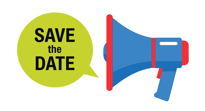 A vibrant illustration of a blue megaphone with a save the date message