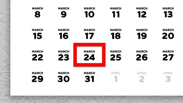 The date March 24th marked with a red cursor on the wall calendar 2026