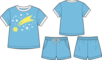 Children pajama set with shooting star design, light blue shirt and shorts, casual sleepwear fashion, kids nightwear clothing illustration © Mst