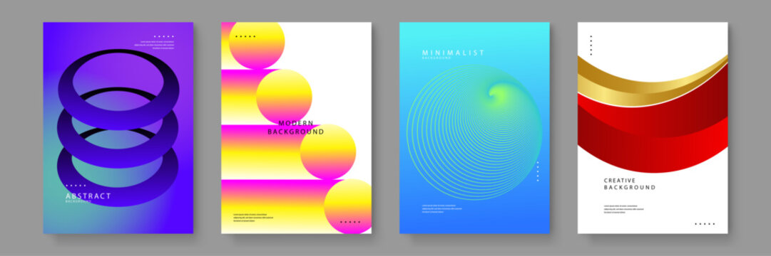 Collection of four modern abstract poster designs featuring colorful gradients 3d rings spheres and minimalist lines for contemporary branding